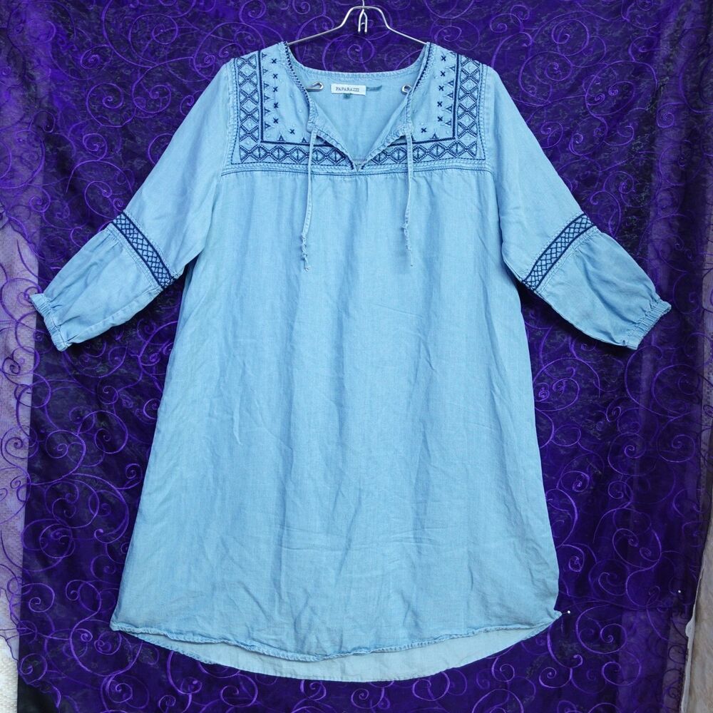 Paparazzi Womens Sz L Medium Blue Tencel Sheath Shirt Dress Embroidered Western